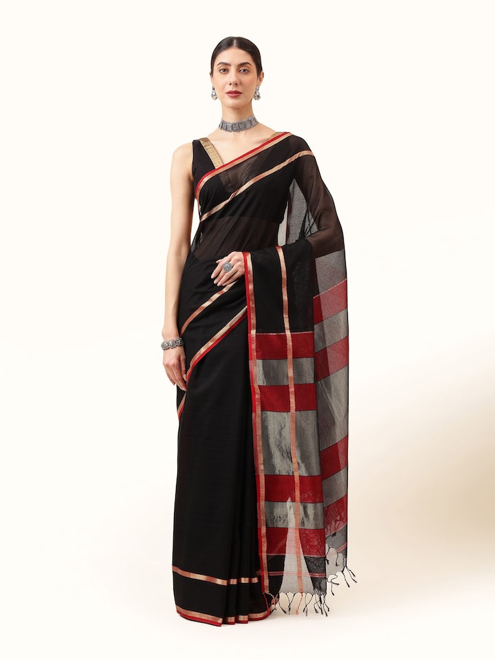 Front view of black cotton silk Maheshwari saree with traditional border