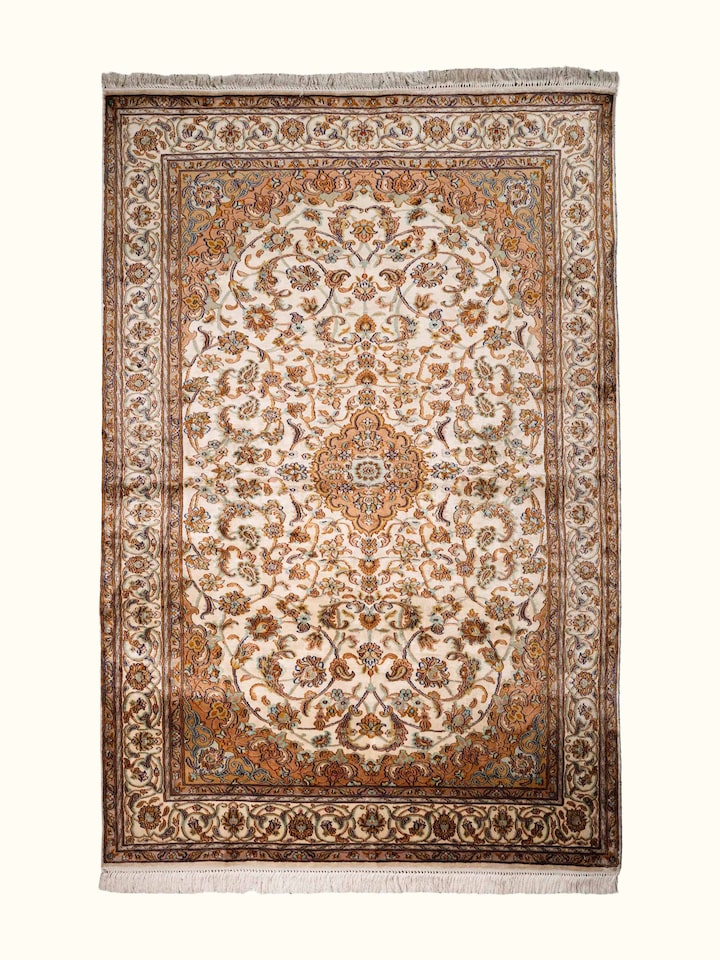 Front view of Traditional Persian Ivory Rust Kashan Kashmir Silk Hand-Knotted Carpet showing the full rug and pattern layout