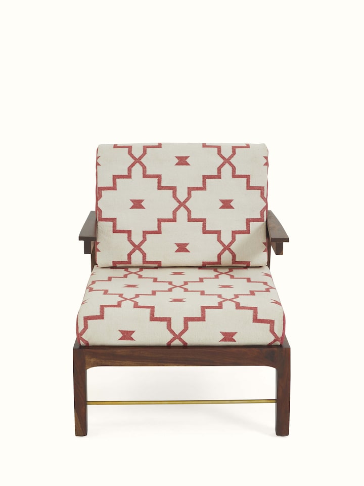 Front view of handloom dhurrie upholstered Sheesham wood armchair by Swadesh – handcrafted ethnic Indian furniture