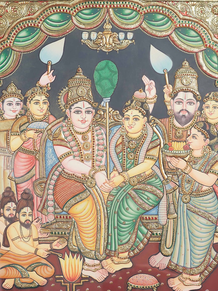Close-up detail of the Krishna Kalyanam Thanjavur Painting