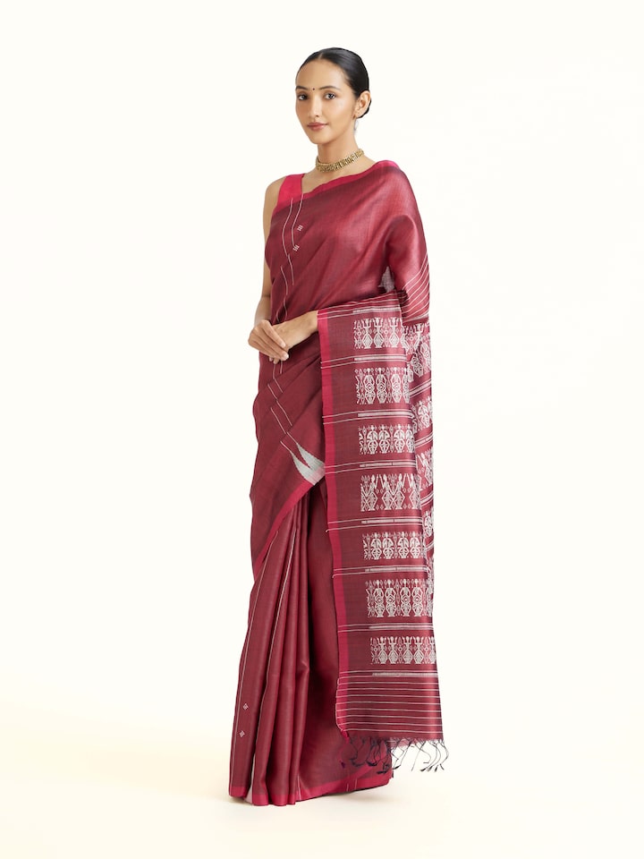 Side view of the Maroon Tussar Silk Odisha Ikat Saree