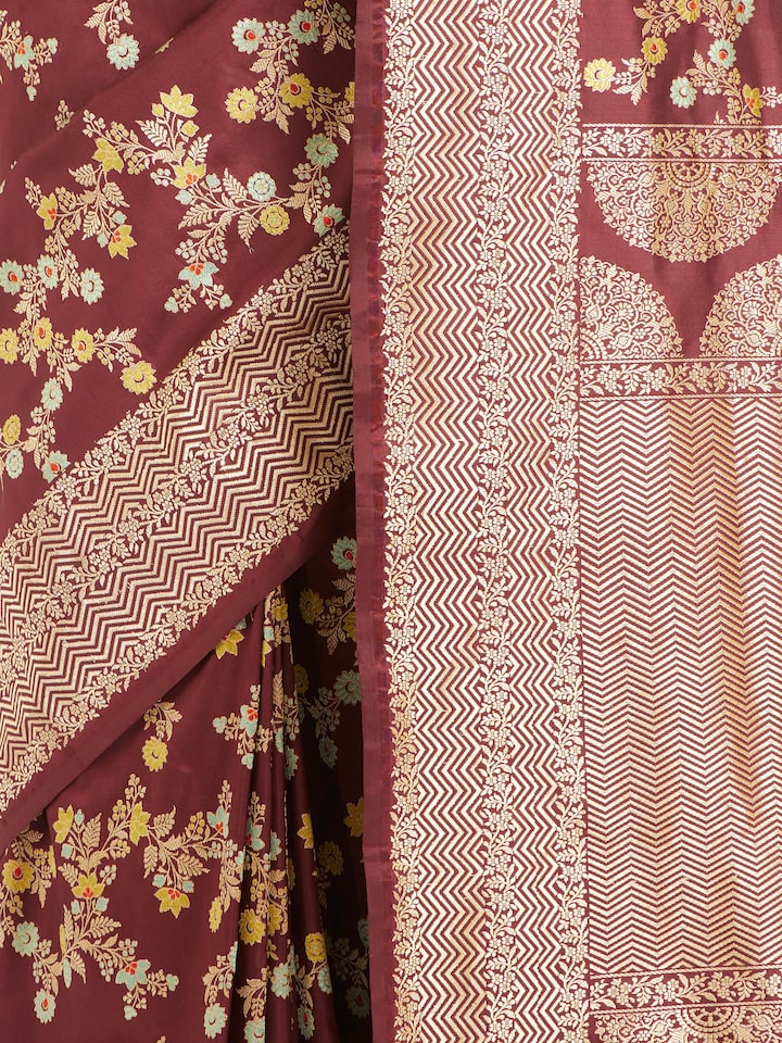 Detailed view of Brown Banarasi Kadhwa Silk Saree focusing on the fine craftsmanship and texture