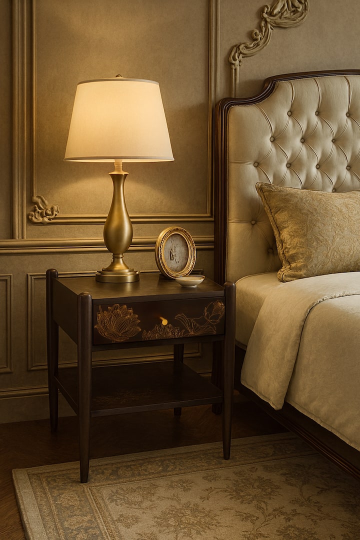 Sheesham Wood & Brass Tarkashi Bedside Table