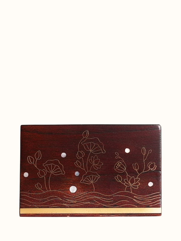Back view of the Kamal Tarkashi Teak Wood Rectangle Tissue Box