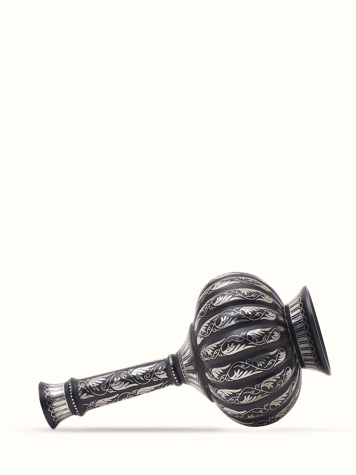 Overhead view of Bidri Zinc & Silver Small Vase by Swadesh showing the intricate design and artistic combination of zinc and silver.