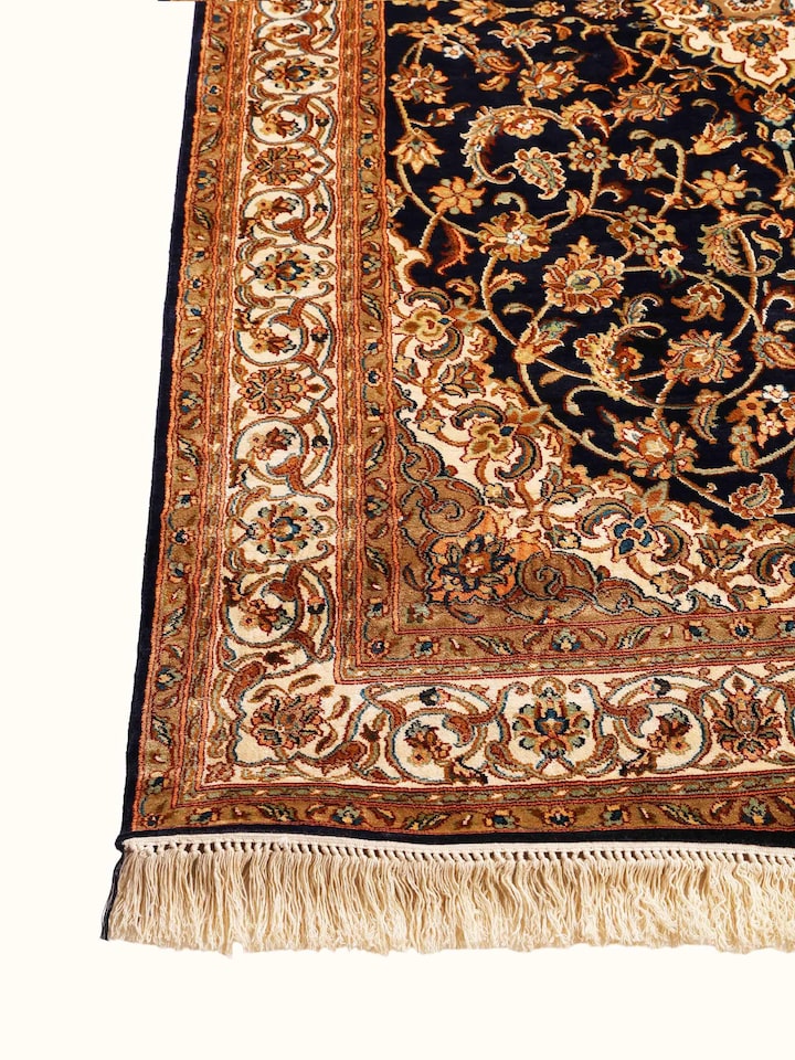 Top view of the Traditional Persian Navy Beige Kashan Kashmir Silk Hand-Knotted Carpet