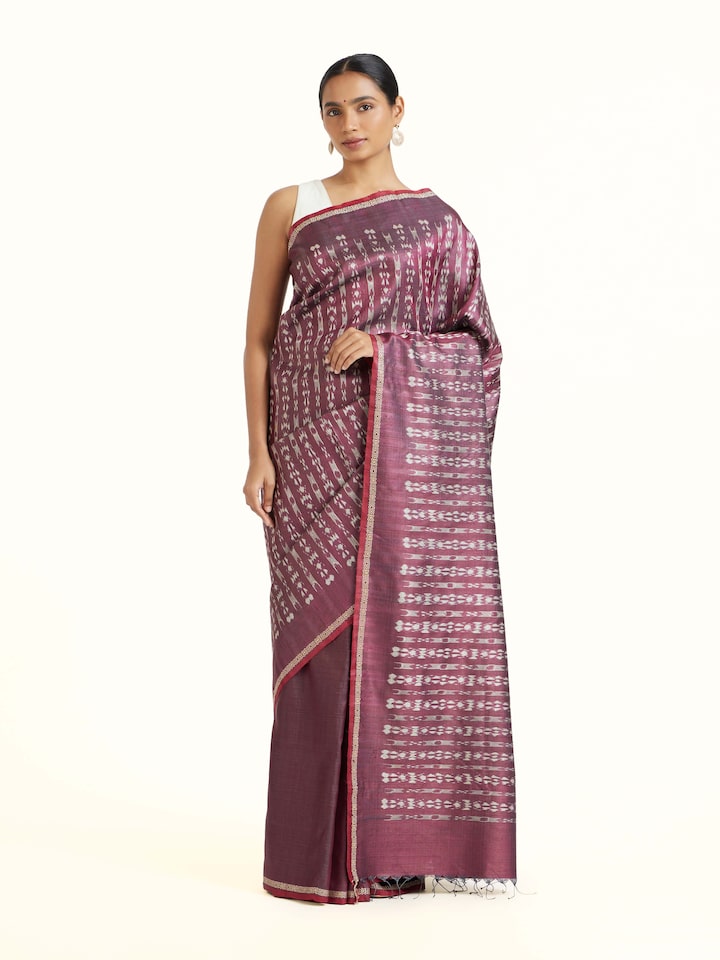 Front view of Purple Tussar Silk Odisha Ikat Saree showcasing its traditional craftsmanship and design