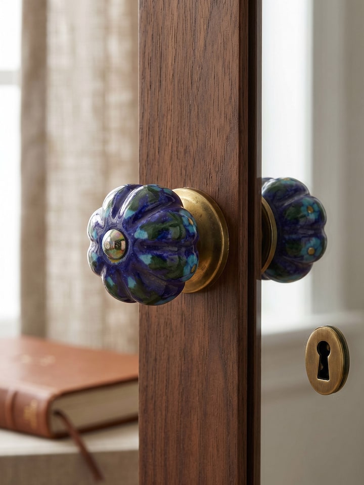 Blue Pottery Round Rib Door Knob Set
