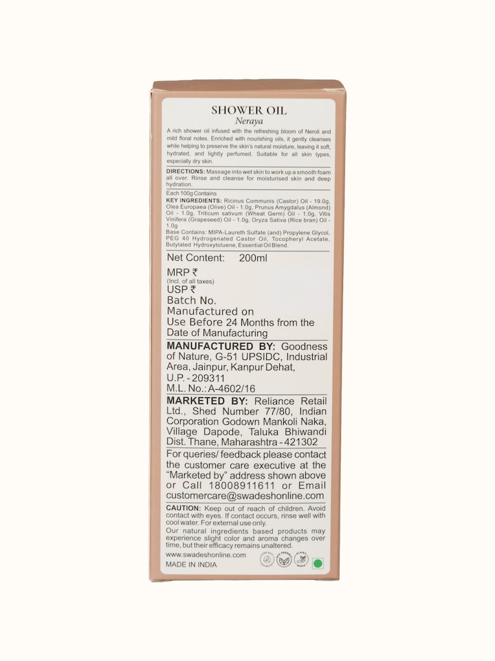 Back view of Shower Oil Neraya showing the back label with product information