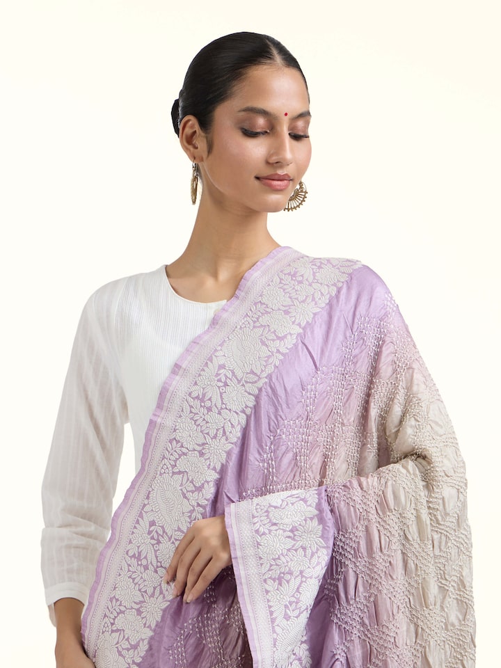Angled view of Light Purple Bandhani Tie & Dye Dupatta revealing the depth of its color and intricate pattern
