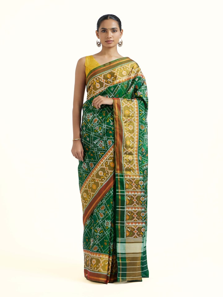 Front view of Rajkot Patola Ikat Saree showcasing its traditional craftsmanship and design