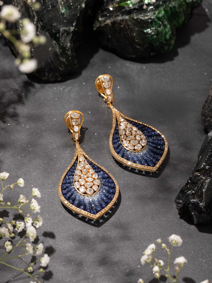 Lifestyle view of Dank Polki 14 Karat Gold Drop Earrings — Swadesh