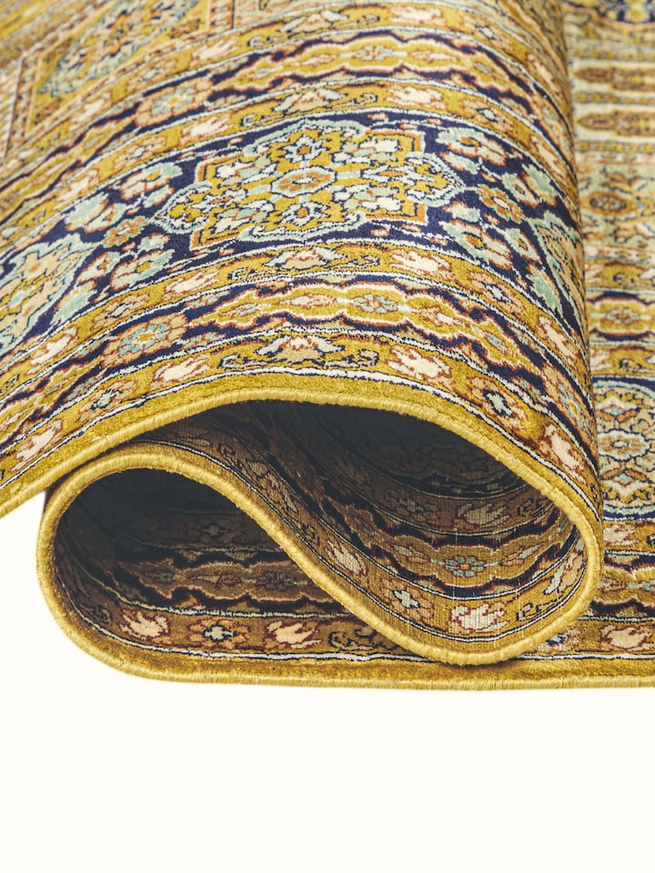Detailed view of the Traditional Persian Ochre Khesti Kashmir Silk Hand-Knotted Carpet craftsmanship