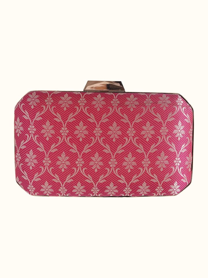 Front view of Pink Banarasi Silk Clutch showing the front design and silhouette