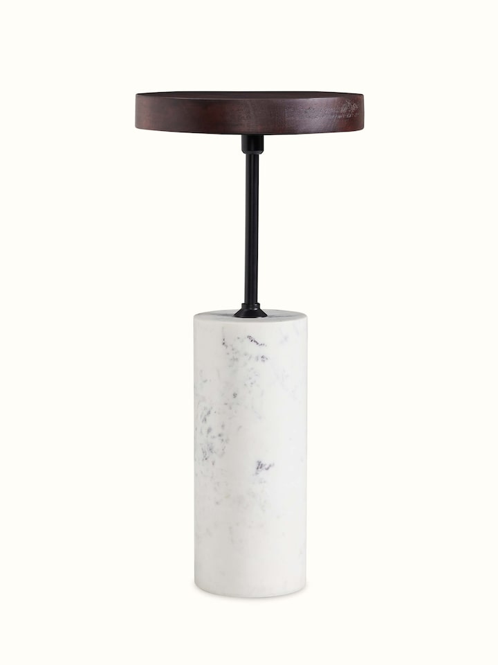 front view of marble stone carving walnut finish end and side table with intricate design