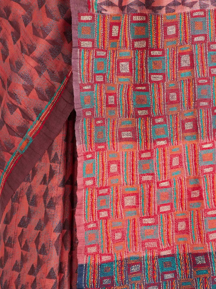 Draped detail view of the Red Tussar Silk Discharge Printed Kantha Embroidered Saree