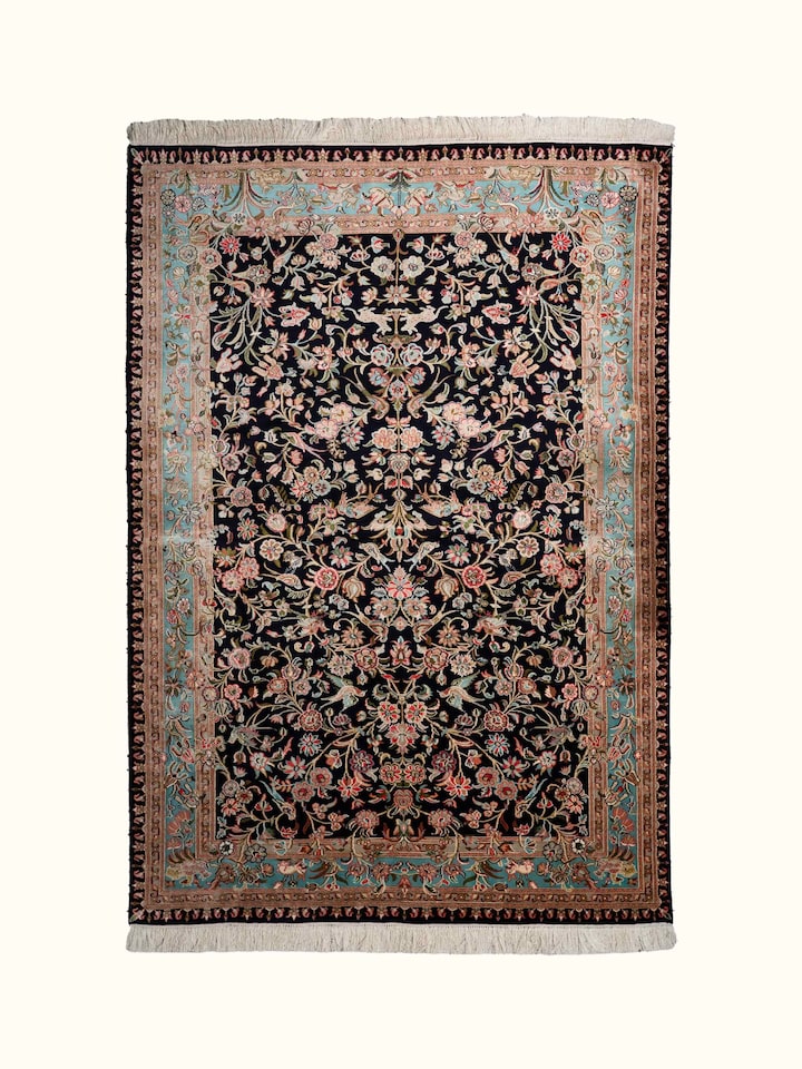 Front view of Traditional Persian Navy Floral Allover Kashmir Silk Hand-Knotted Carpet showing the full rug and pattern layout