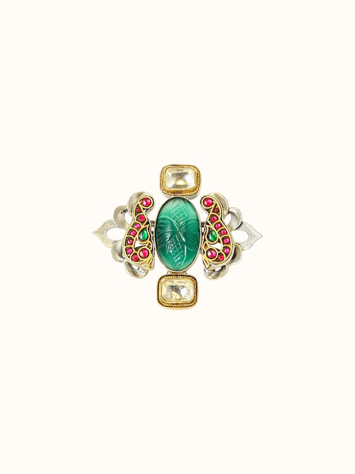Front view of the Dank Polki Two-Tone Silver Ring