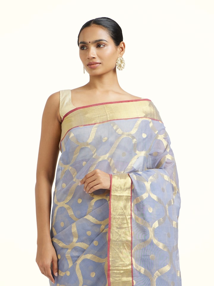 Angled view of the Grey Cotton Venkatagiri Saree