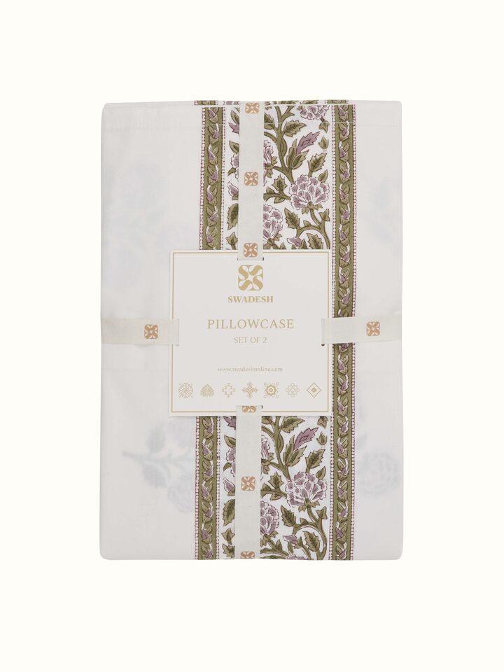 Front view of Saha Lavender Buta Cotton Sanganeri Block Printed Pillow Cases (2 pcs) displaying the full design and pattern.