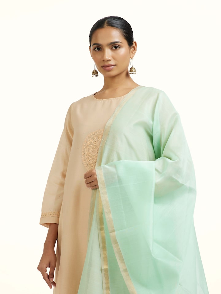 Angled view of the Light Green Cotton Silk Maheshwari Zari Border Dupatta