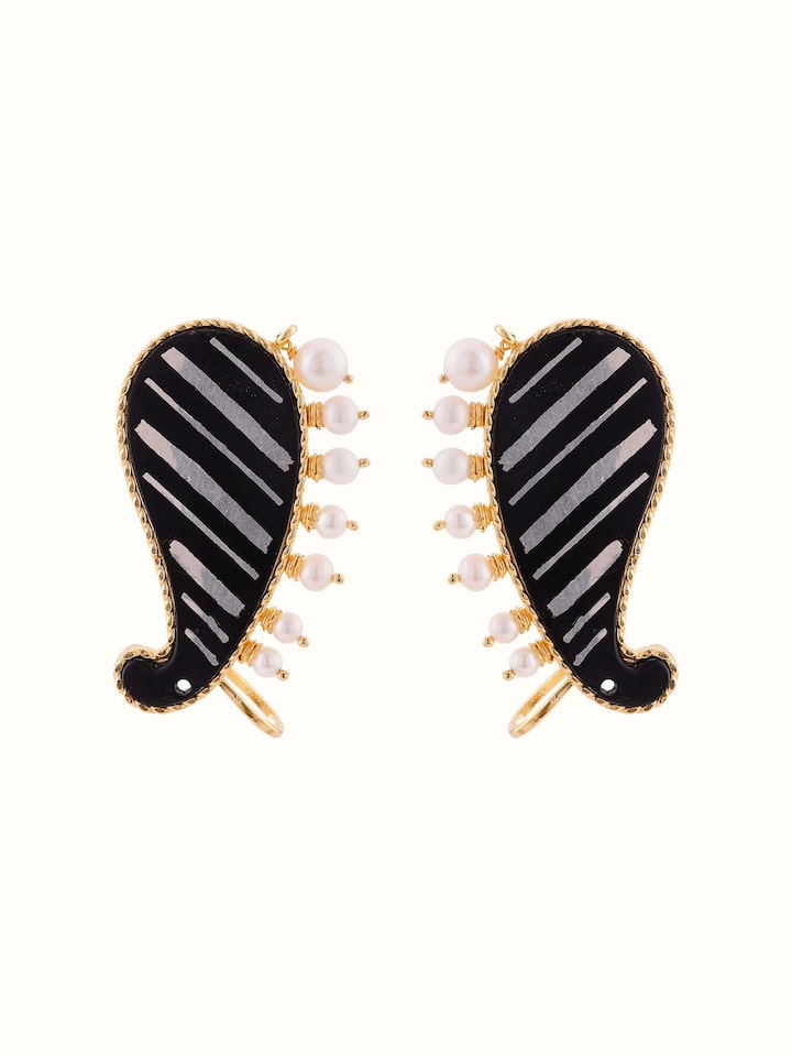 front view of bidri silver ear cuffs with traditional craftsmanship