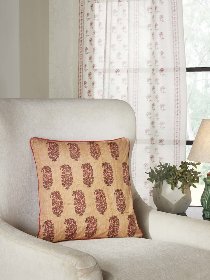 Vasudha Rust Buta Tussar Silk Bagru Hand Block Print Cushion Cover