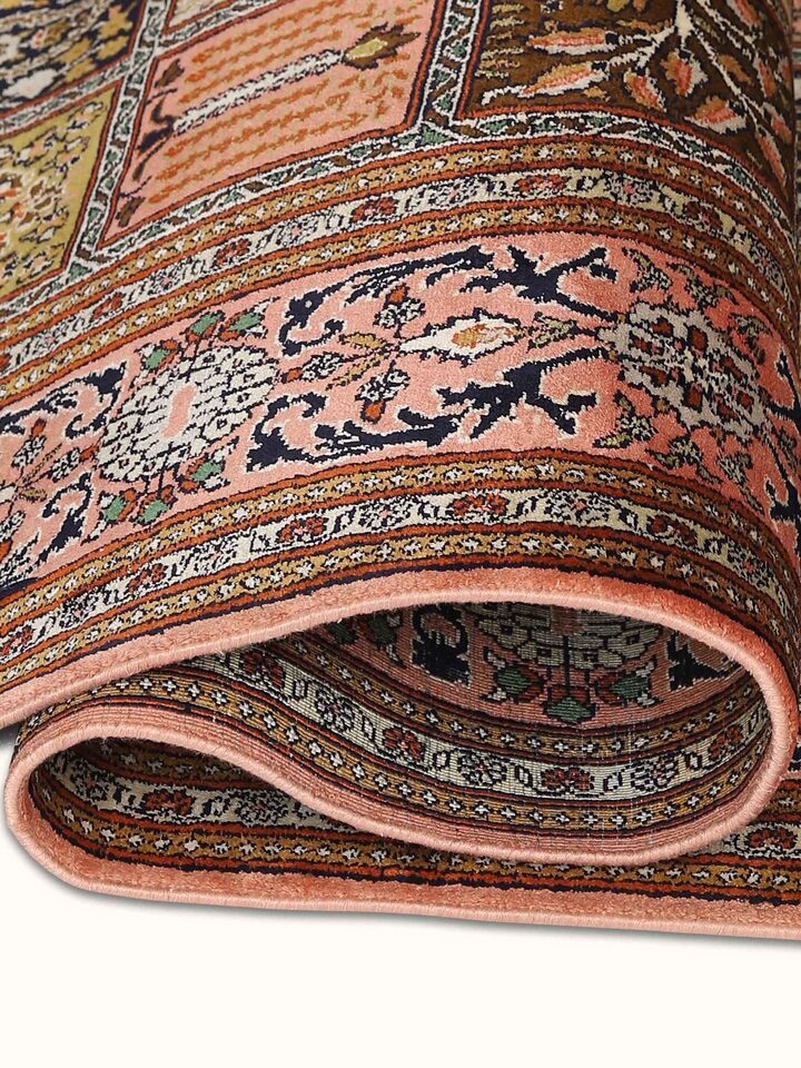 Traditional Persian Rust Dabdar Kashmir Silk Hand-knotted Rug
