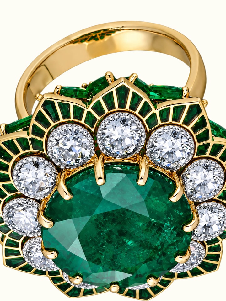 Detail view of Open Setting 18 Karat Yellow Gold Ring with Diamonds and Emeralds highlighting the stone setting and metalwork detail