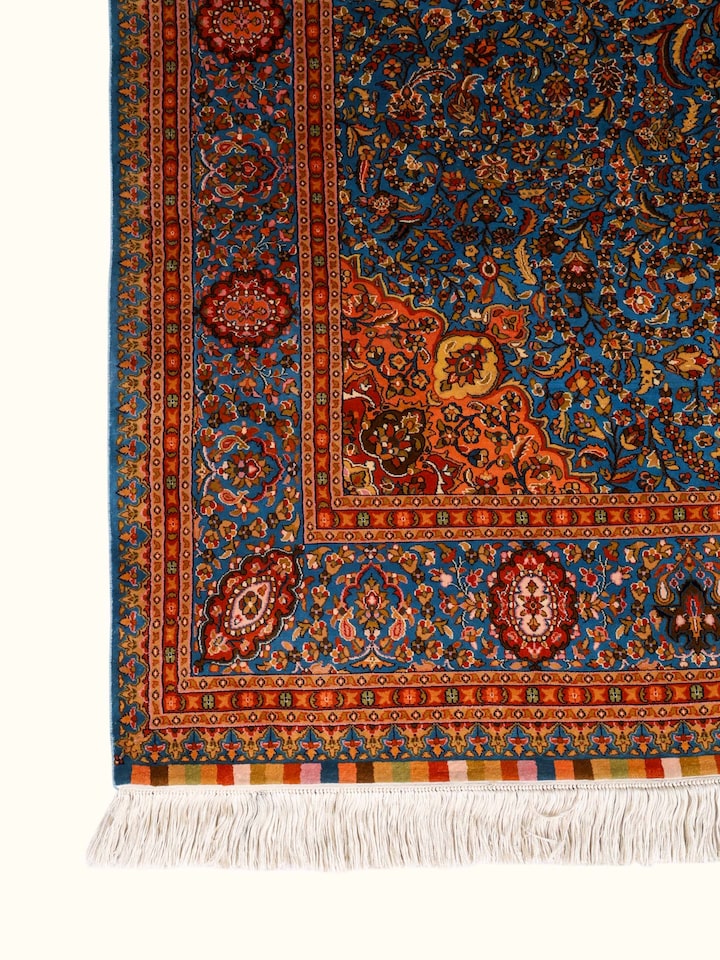 Close-up of the Traditional Persian Azure Rust Isfahan Kashmir Silk Hand-Knotted Carpet