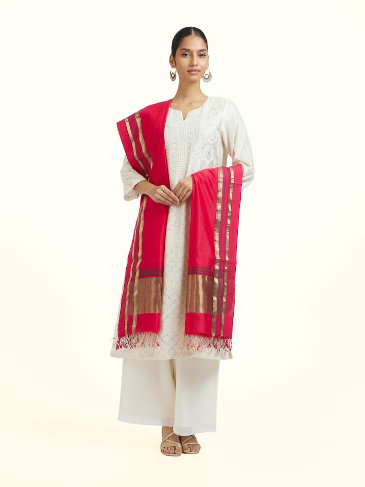 Front view of the Red Cotton Silk Maheshwari Zari Border Dupatta