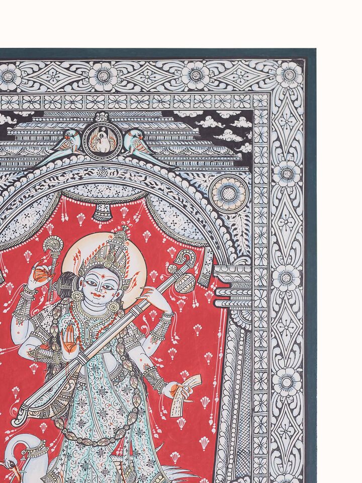 Detail view of the Saraswati Canvas Patachitra Painting