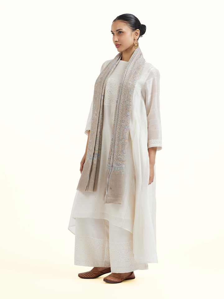 Side view of Brown Sozni Hand Embroidered Stole draped over the shoulder showing the fall