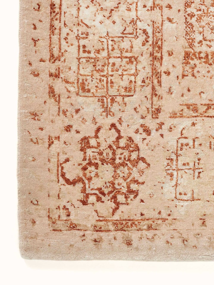 Detailed view of Distressed Mamluk Beige Rust Bhadohi Wool & Viscose Hand-Knotted Rug focusing on the weave and distressing