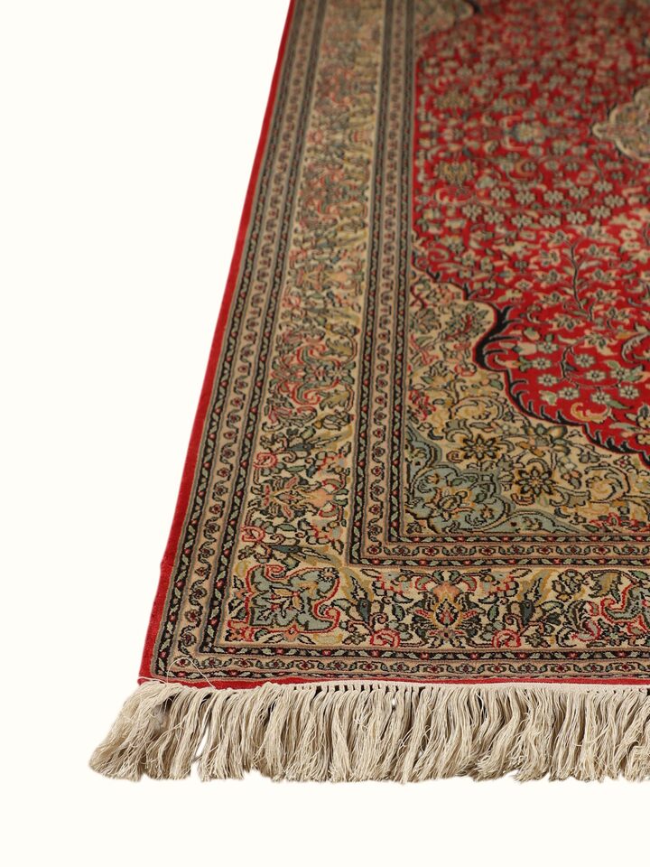 Top view of the Traditional Persian Red Ivory Kashan Kashmir Silk Hand-Knotted Carpet