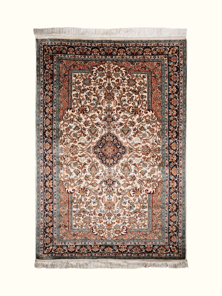 Front view of Traditional Persian Ivory Rust Kashan Kashmir Silk Hand-Knotted Carpet showing the full rug and pattern layout