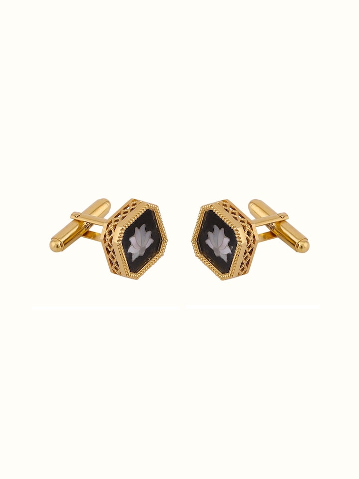 Worn view of parchinkari silver cufflinks