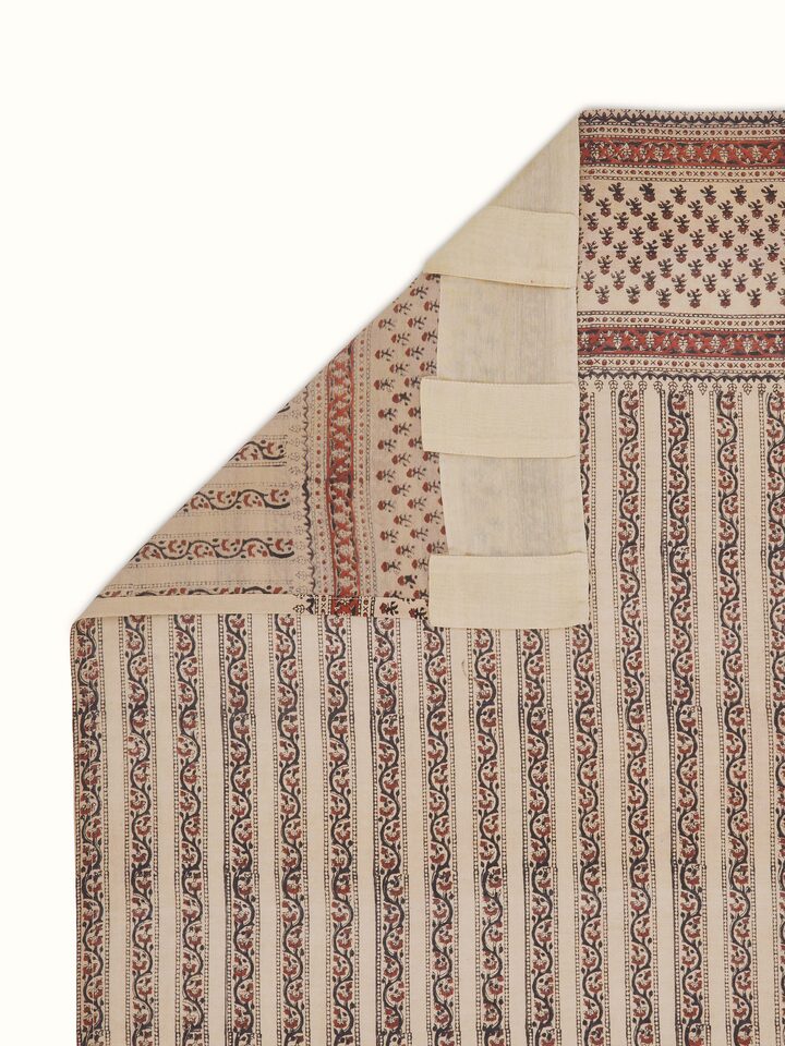 Vasudha Rust Floral Stripe Cotton Silk Bagru Hand Block Print Sheer Curtain (7 Ft)