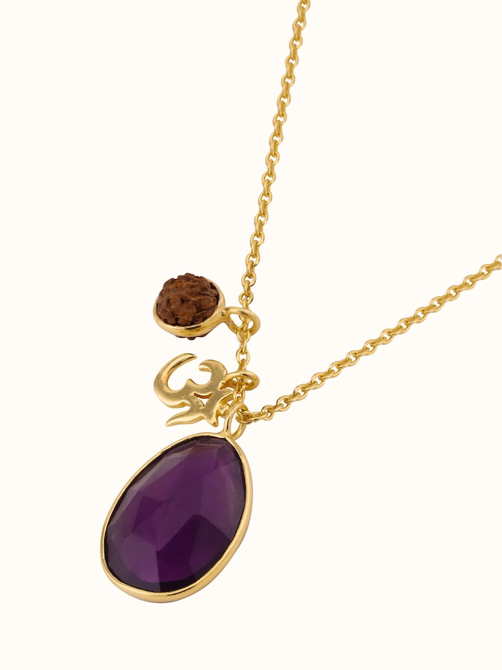 Overview of Rudraksha, Om charm & Amythyst, 18K Gold Plated Silver Necklace showing the complete piece laid out