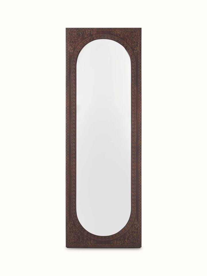 Full-length view of Sheesham Wood & Brass Tarkashi Mirror, highlighting the intricate brass detailing and elegant frame