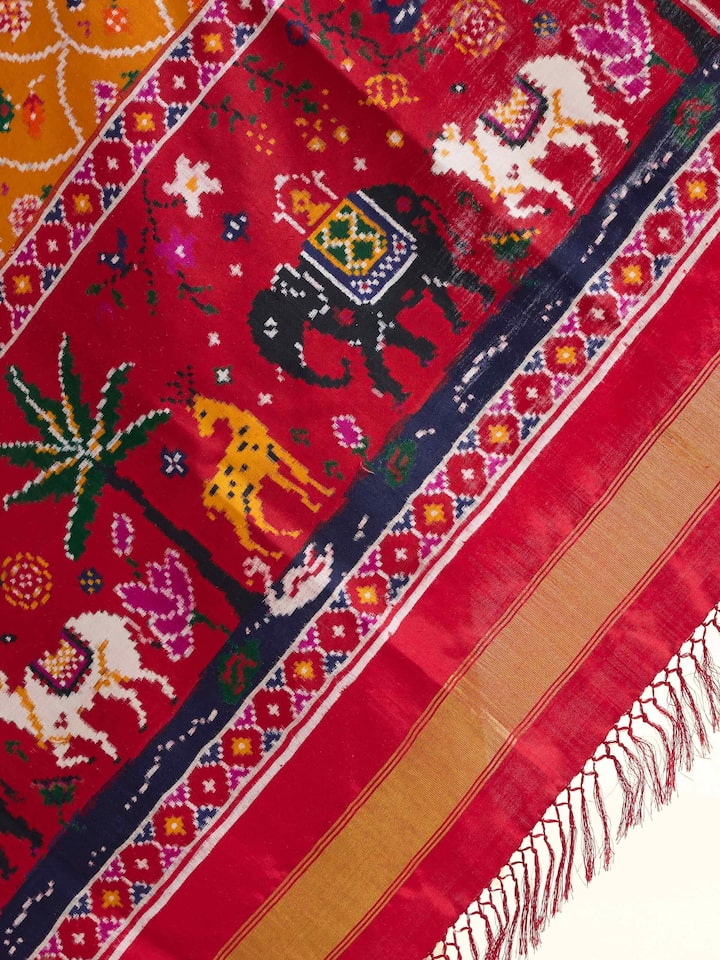 Detailed view of Patan Patola Handloom Silk Dupatta focusing on the fine craftsmanship and texture
