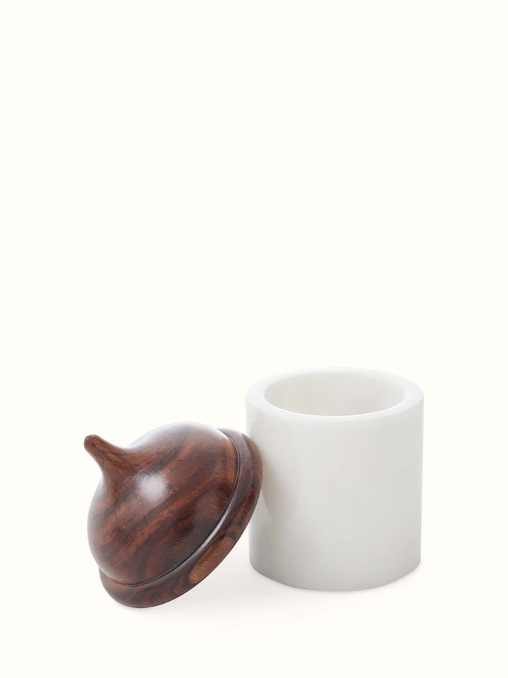 Detail shot of White Pavilion Marble Carving Condiment Set