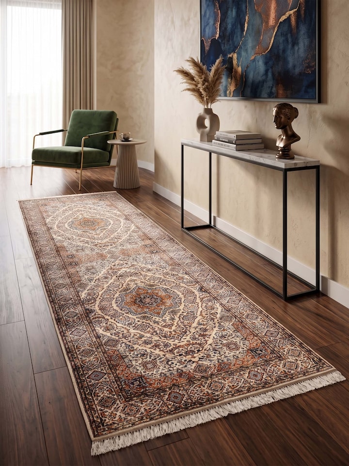 Styled view of Traditional Persian Ivory Sadakdar Kashmir Silk Hand-knotted Runner styled in a room setting