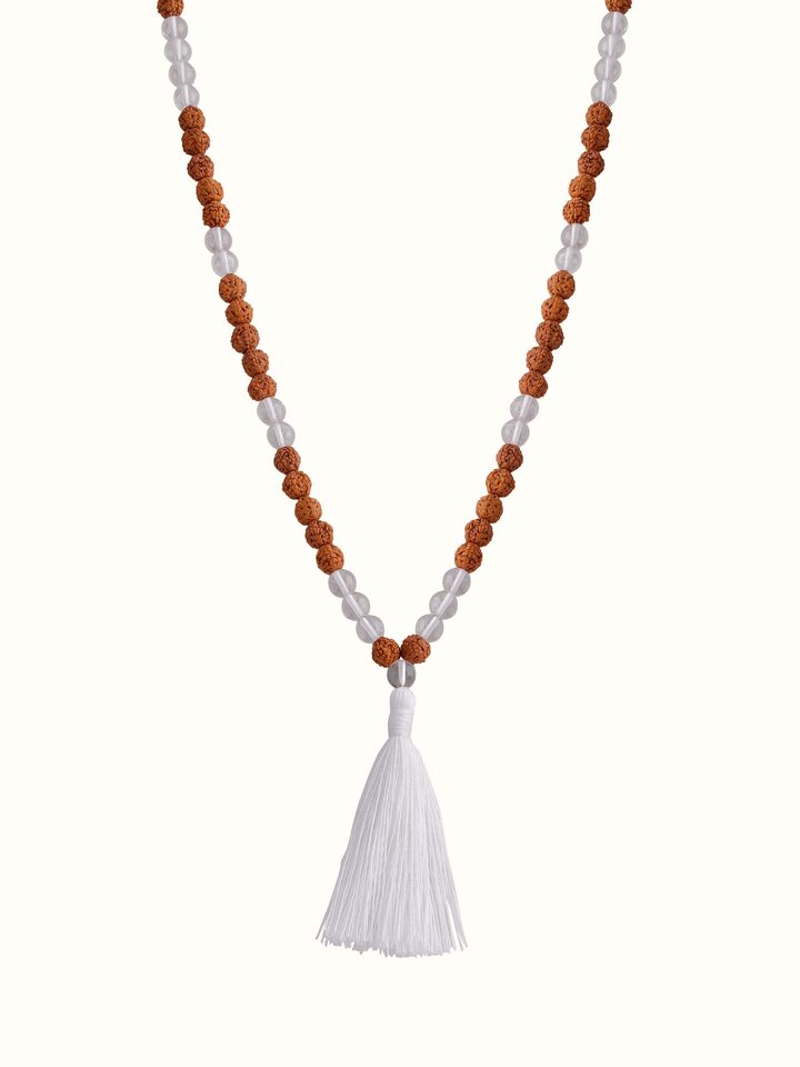 Front view of Rudraksha & Sphatik Silver Mala showing alternating sacred beads in a traditional mala layout