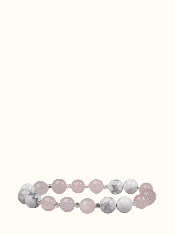 Detail view of Gemstone Rose Quartz & Howlite Bead Silver Bracelet highlighting the stone setting and metalwork detail