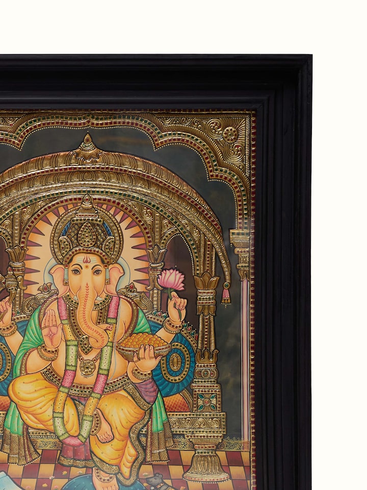 Close-up detail of the Ganesha on Throne Thanjavur Painting
