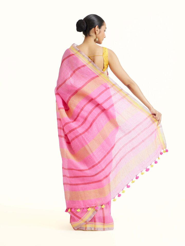 Back view of the Pink Linen Striped Saree