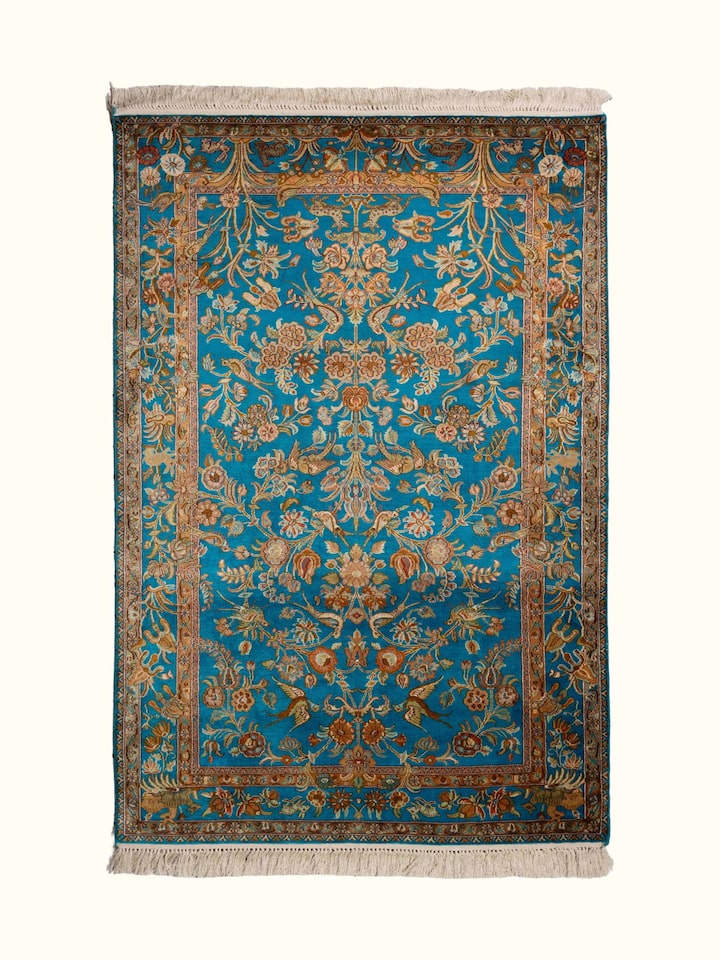 Traditional Persian Blue Mahal Kashmir Silk Hand-Knotted Carpet