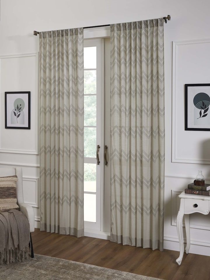 Rambagh Light Green Geo Chevron Cotton Sanganeri Hand Block Printed Curtain (9 Ft)