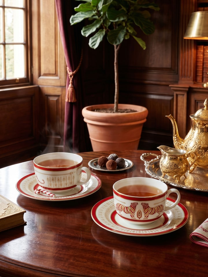 Styled view of Ceramic Tea Cups And Saucers With Gold Motifs (2 Pcs) styled in a home setting